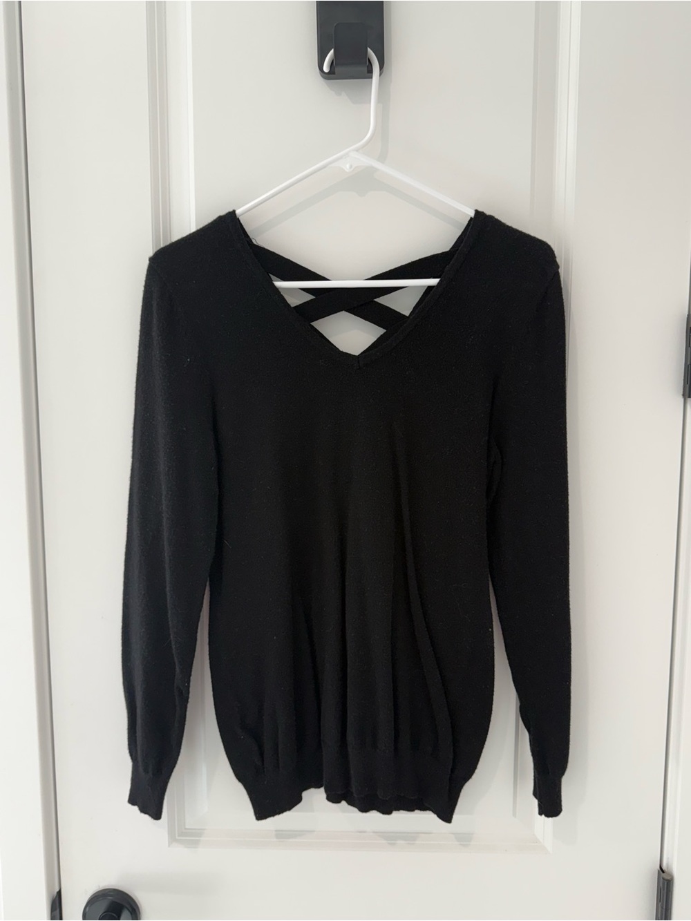 Women’s Black V-Neck Sweater with Crossback Detail